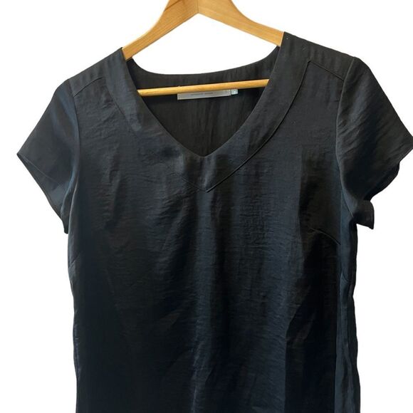 CONTEMPORAINE Black Sateen Finish V Neck Short Sleeve Dressy Top S - Picture 2 of 8